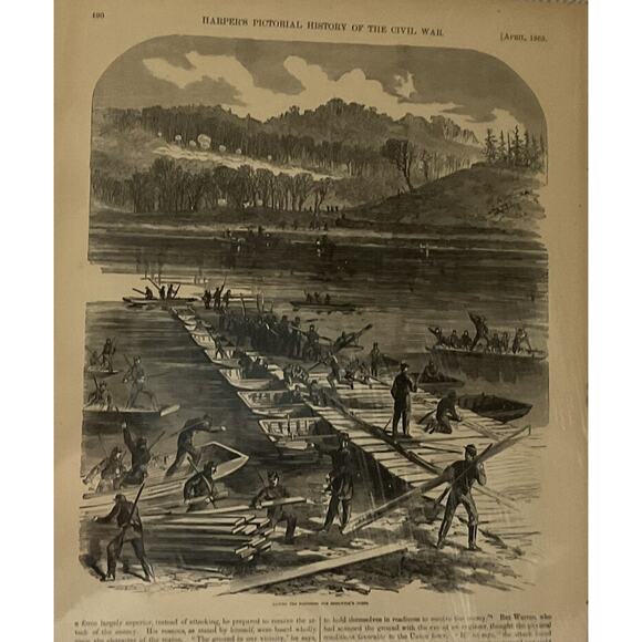 Antique Wood Engraving Civil War 1863 Laying The Pontoons Harper’s Military - Picture 1 of 9